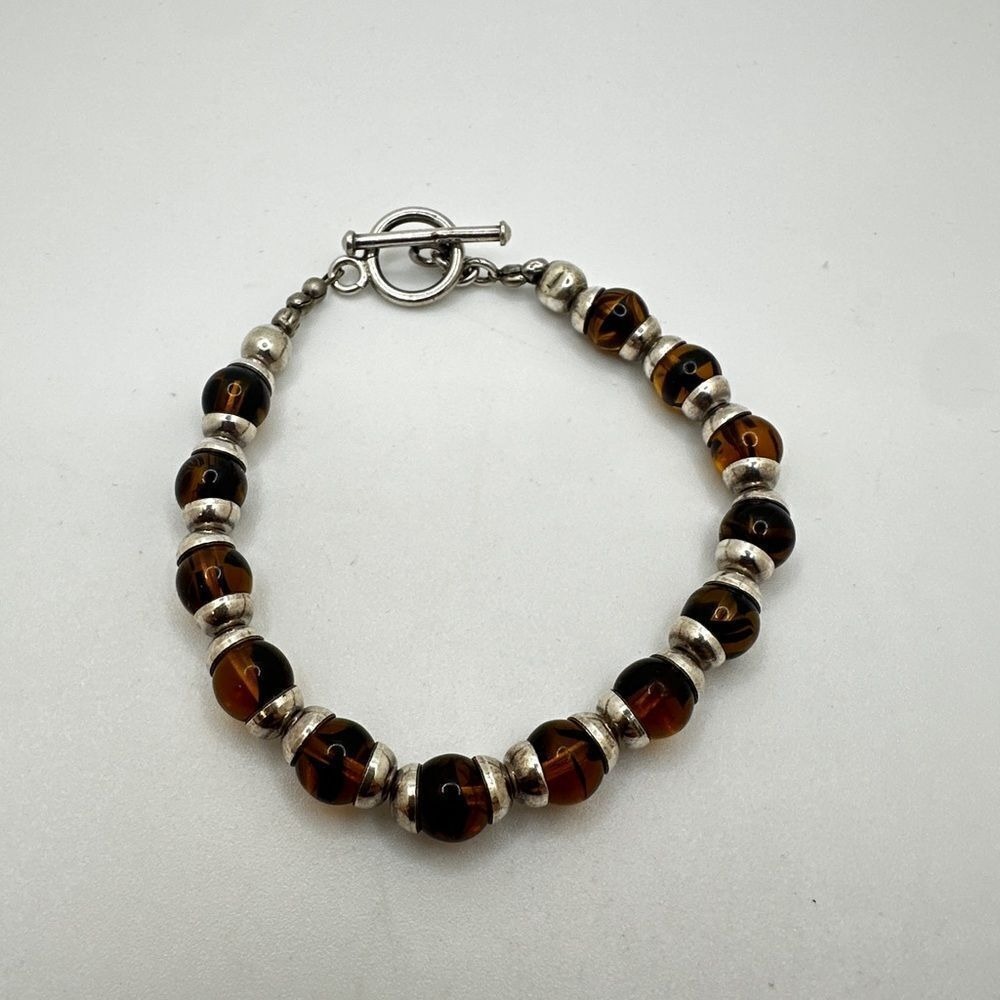 8mm Amber-colored glass and sterling silver, toggle clasp, bracelet!